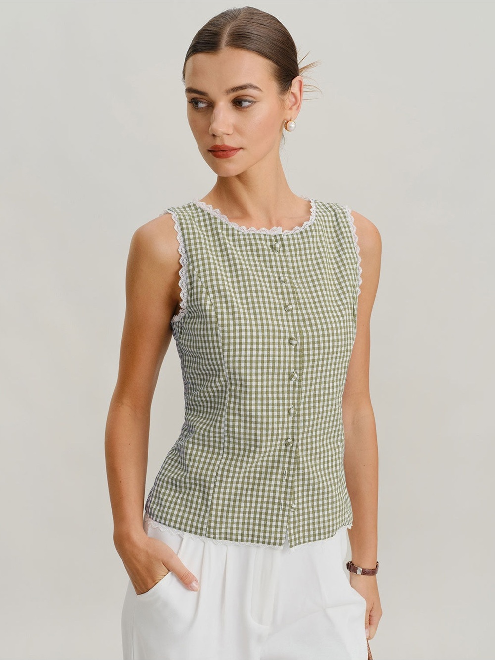 RIHOAS Light Green Boat Neck Plaid Tank Top Green & White Small